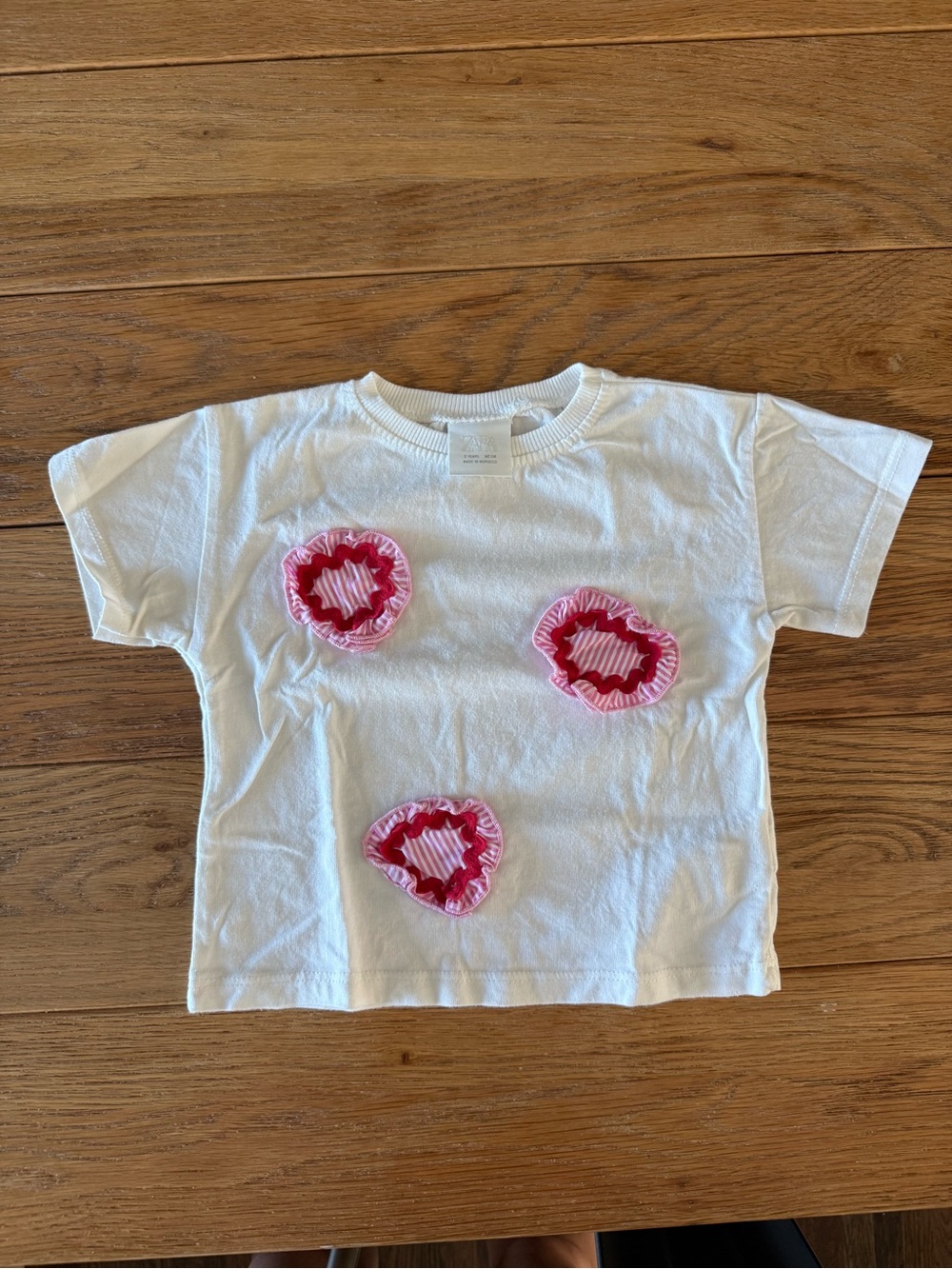 Zara White Short Sleeve Tee with Pink Ruffle Heart Appliqués